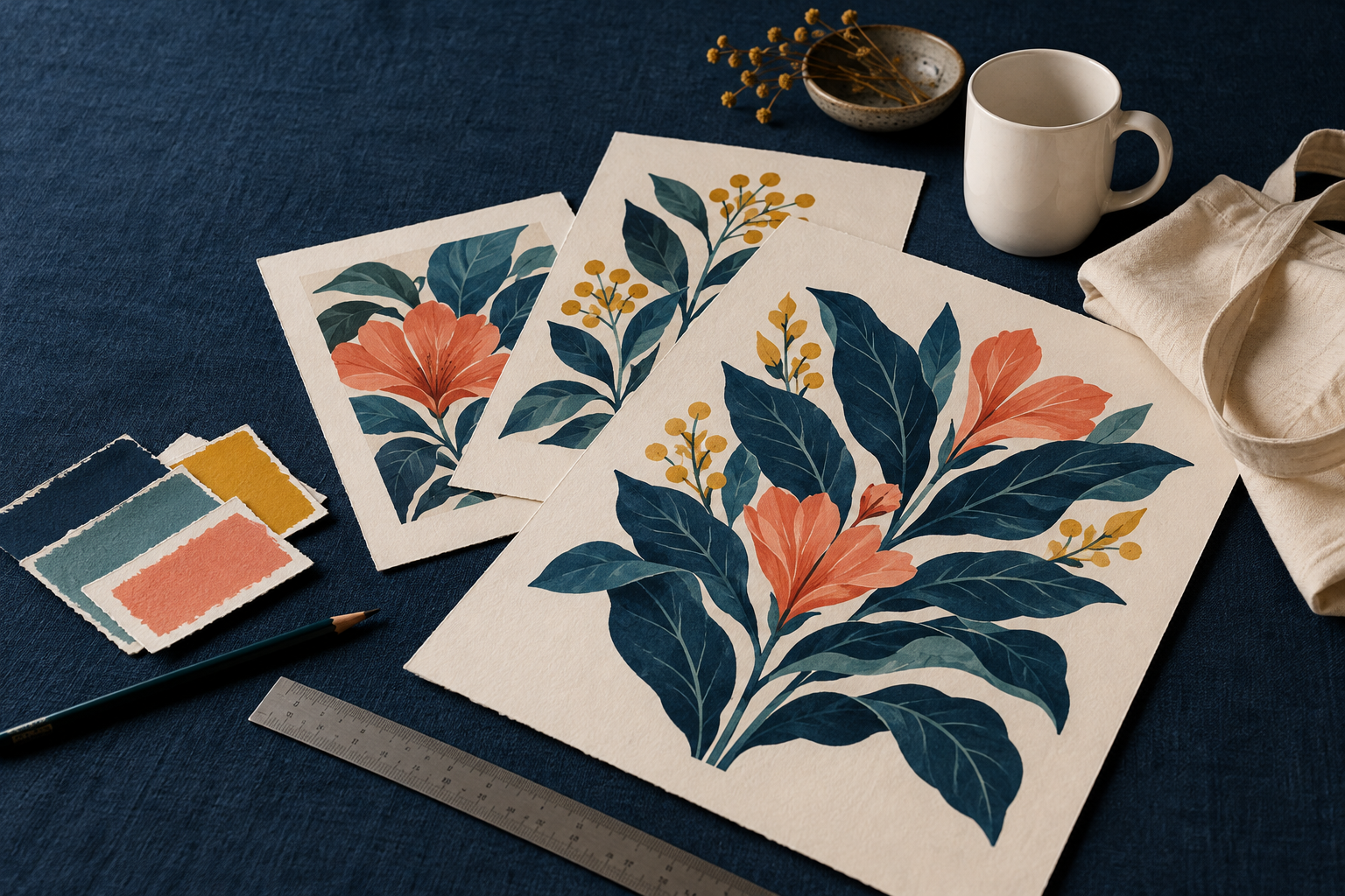 Escena conceptual generada con IA: lámina botánica, taza y bolsa sobre una mesa de estudio en tonos azul, crema y oro.